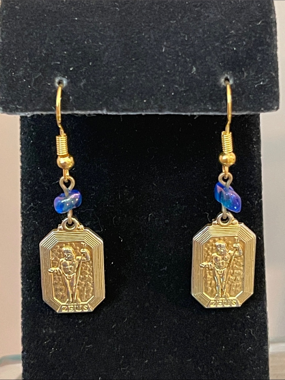 Vintage Gold-tone Rectangular Zeus Medallion Dangle Earrings